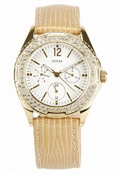Guess Watches : W16574L1 Quartz White Dial Stainless Steel Case With Camel Brown Leather Strap Women Watch