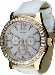 Guess Watches : W17516L1 Quartz Mother of Pearl Dial Crystal Bezel White Leather Women Watch