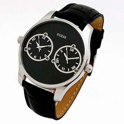 Guess Watches : W70004G2 Quartz Dual Time Display Black Leather Men Watch