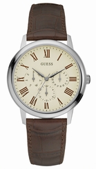 Guess Watches : W70016G2 Quartz Beige Dial Stainless Steel Case With Brown Leather Strap Men Watch