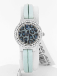Guess Watches : W75047L3 Quartz Crystal Leopard Print Dial Crystal Bezel Shimmer Blue Leather Women Watch