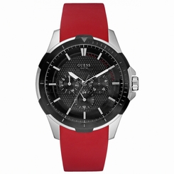 Guess Watches : W85079G3 Quartz Black Dial Stainless Steel Case With Red Rubber Strap Men Watch