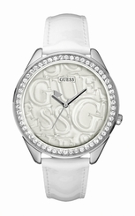 Guess Watches : W85098L1 Quartz Beige Dial Stainless Steel Case With White Leather Strap Women Watch