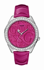 Guess Watches : W85098L2 Quartz Pink Dial Stainless Steel Case With Leather Strap Women Watch