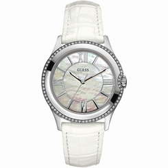 Guess Watches : W85116L1 Quartz White Mother Of Pearl Dial Stainless Steel Case With White Leather Strap Women Watch