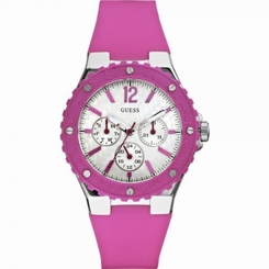 Guess Watches : W90084L2 Quartz White Dial Pink Stainless Steel Bracelet With Pink Rubber Strap Women Watch