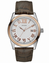Guess Watches : W95142G1 Quartz White Dial Rose Gold Stainless Steel Case With Brown Leather Strap Men Watch