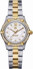TAG Heuer Watches : WAF1350.BB0820 Quartz White Mother of Pearl Diamond Dial Diamond Bezel Polished and Brushed Gold and Stainless Steel Women Watch