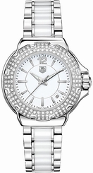 TAG Heuer Watches : WAH1215.BA0861 Quartz White Dial Date Diamond Bezel Stainless Steel and White Ceramic Women Watch
