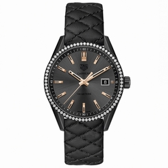 TAG Heuer Watches : WAR1115.FC6392 Quartz Date Diamond Bezel Black Leather Women Watch