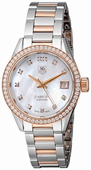 TAG Heuer Watches : WAR2453.BD0772 Automatic Calibre 9 Mother of Pearl Diamond Dial Diamond Bezel Stainless Steel and Rose Gold Women Watch