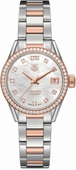 TAG Heuer Watches : WAR2453.BD0777 Automatic Mother of Pearl Diamond Accented Dial Diamond Bezel 18k Rose Gold and Stainless Steel Women Watch