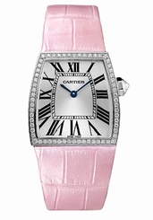 Cartier Watches : WE600151 Battery Operated Quartz Calibre 690 18k White Gold Silver With Blue Sword Shaped Hands Dial Pink Crocodile Leather Band Women Watch