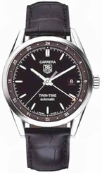 TAG Heuer Watches : WV2115.FC6180 Automatic Twin-Time Date Black Leather Men Watch