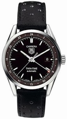 TAG Heuer Watches : WV2115.FC6182 Automatic Twin Time Date Black Leather Men Watch