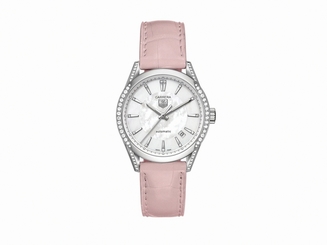 TAG Heuer Watches : WV2212.FC6295 Automatic White Dial Stainless Steel Case, Diamonds On Bezel With White Leather Strap Women Watch