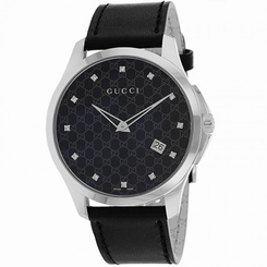 Gucci Watches : YA126305 Quartz Black Diamond Dial Date Black Leather Men Watch