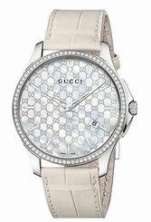 Gucci Watches : YA126306 Quartz Mother of Pearl Dial Date Diamond Bezel White Leather Men Watch