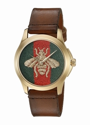 Gucci Watches : YA126451 Quartz Analog Brown Leather Unisex Watch