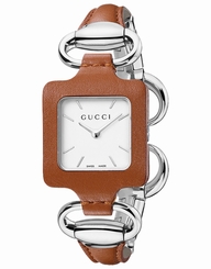 Gucci Watches : YA130401 Quartz White Dial Brown Leather and Stainless Steel Women Watch
