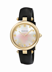 Gucci Watches : YA141404 Quartz Diamantissima Mother of Pearl Dial Black Leather Women Watch