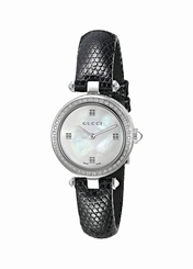 Gucci Watches : YA141507 Quartz Mother of Pearl Dial Diamond Bezel Black Leather Women Watch
